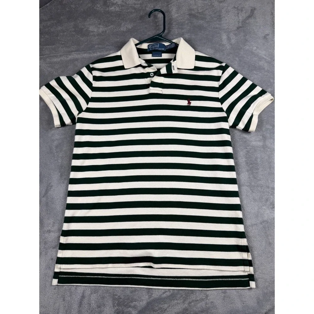 Polo Ralph Lauren Custom Fit Green White Striped Polo‎ Shirt Men's M